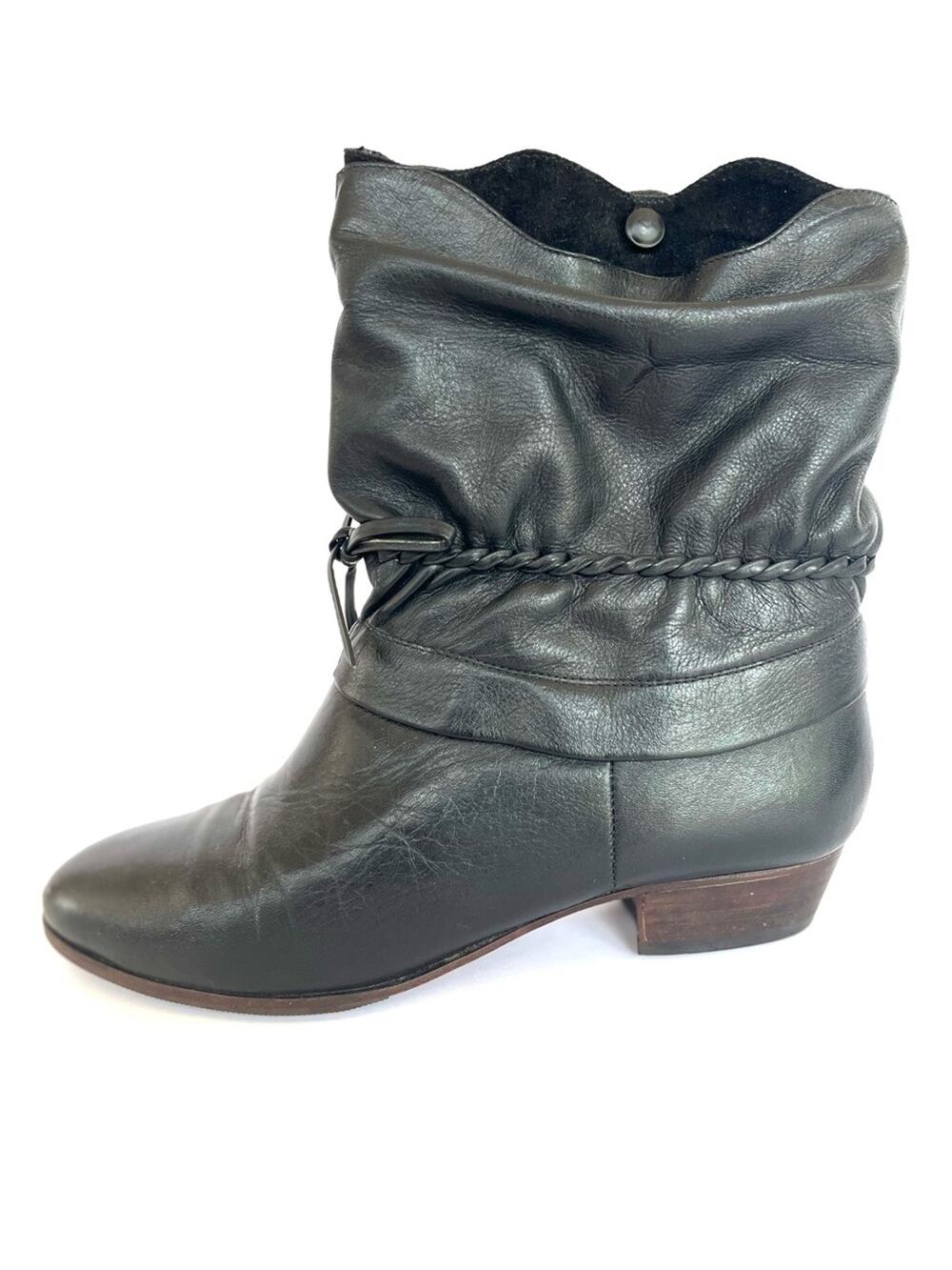 Women's Black Leather Slouch Ankle Booties with Braided Tie